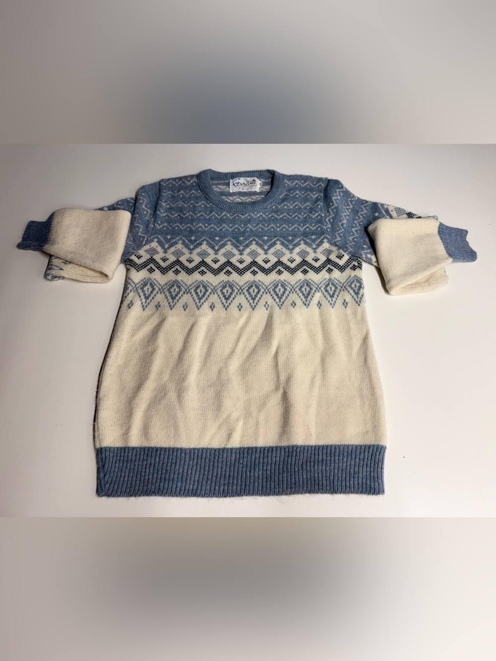 Fair Isle Crewneck Sweater in Cream and Light Blue